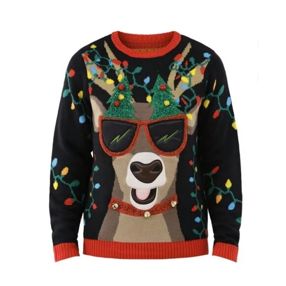 Holiday Time Men’s Ugly Christmas Sweater Reindeer/Sunglasses M - Picture 3 of 4
